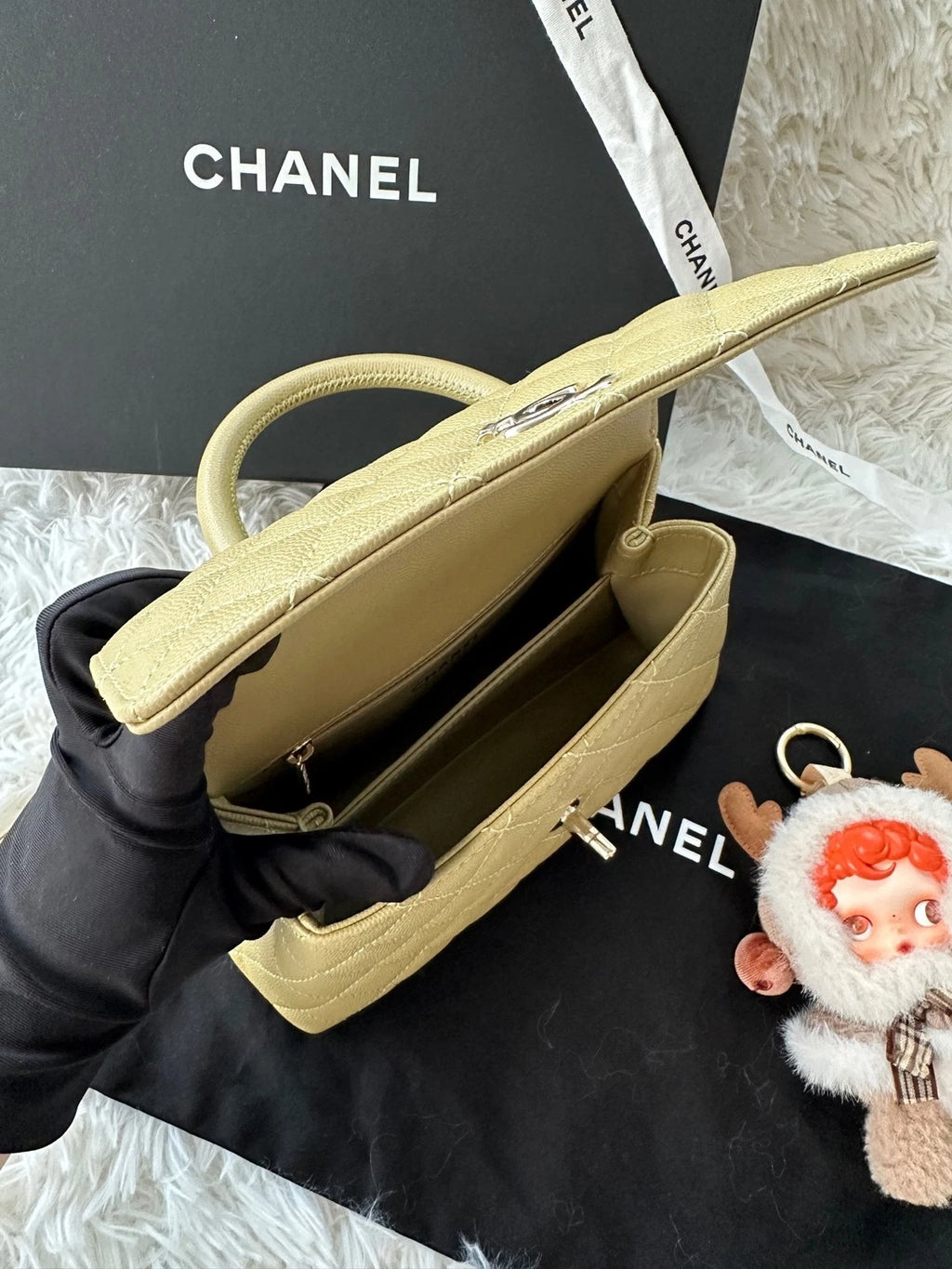 CHANEL Coco Handle Small Green Litchi Leather Top Handle Bag For Women