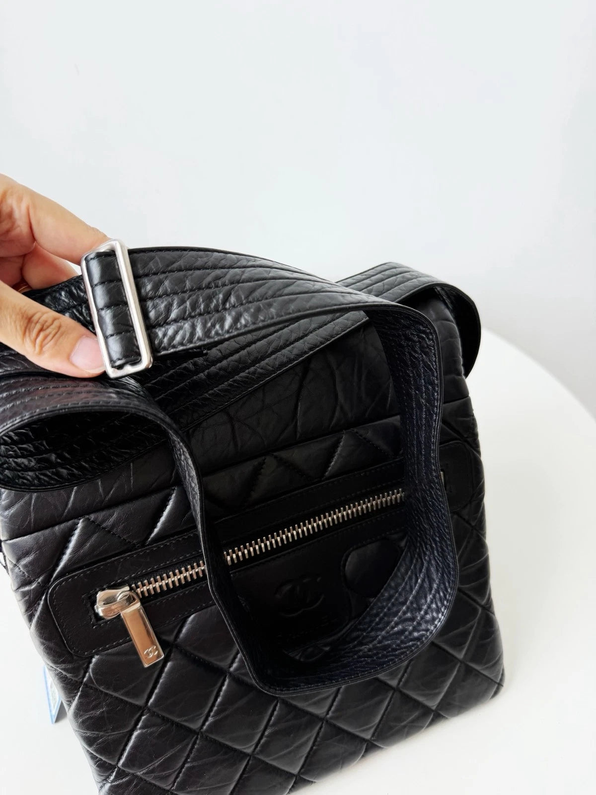 Chanel Coco Lambskin Black Silver Hardware Diamond Messenger Bag Crossbody