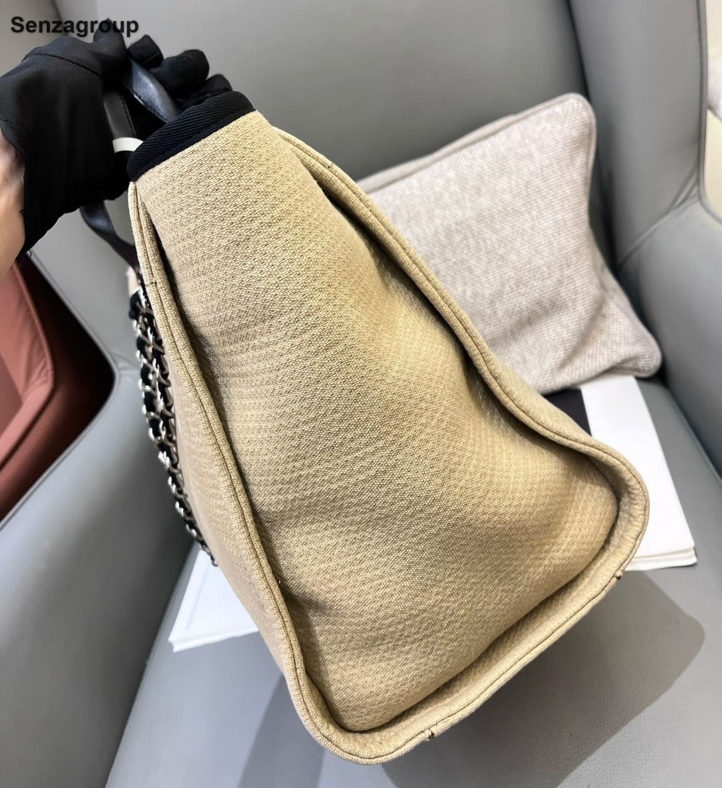 Chanel Tote Chain Beach Bag Top Handle Shoulder Bag Beige Silver Women Classic