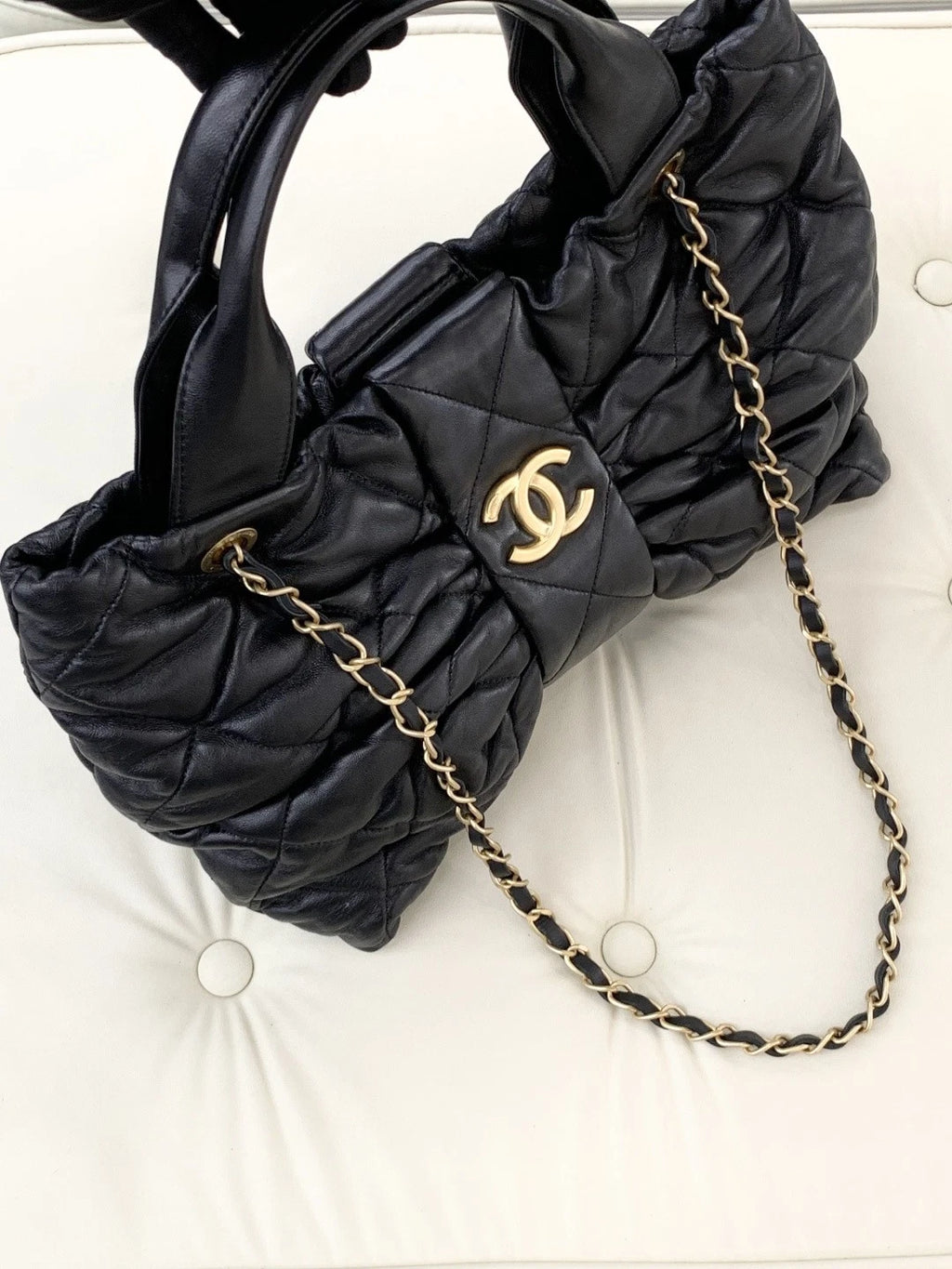 Chanel Lambskin MM 2Ways Top Handle Shoulder Bag Black Gold Hardware Women S