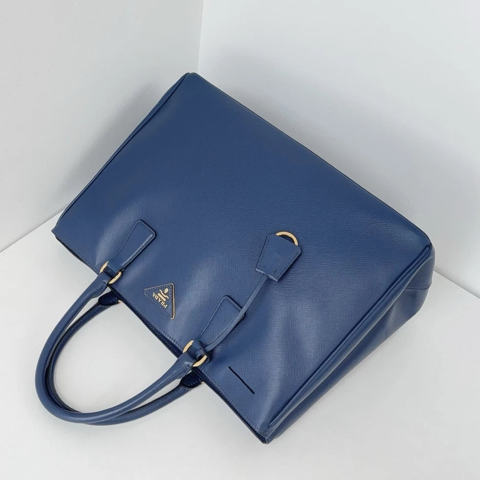 Authentic Prada Galleria Calfskin GM Blue Tote Handbag Gold Hardware