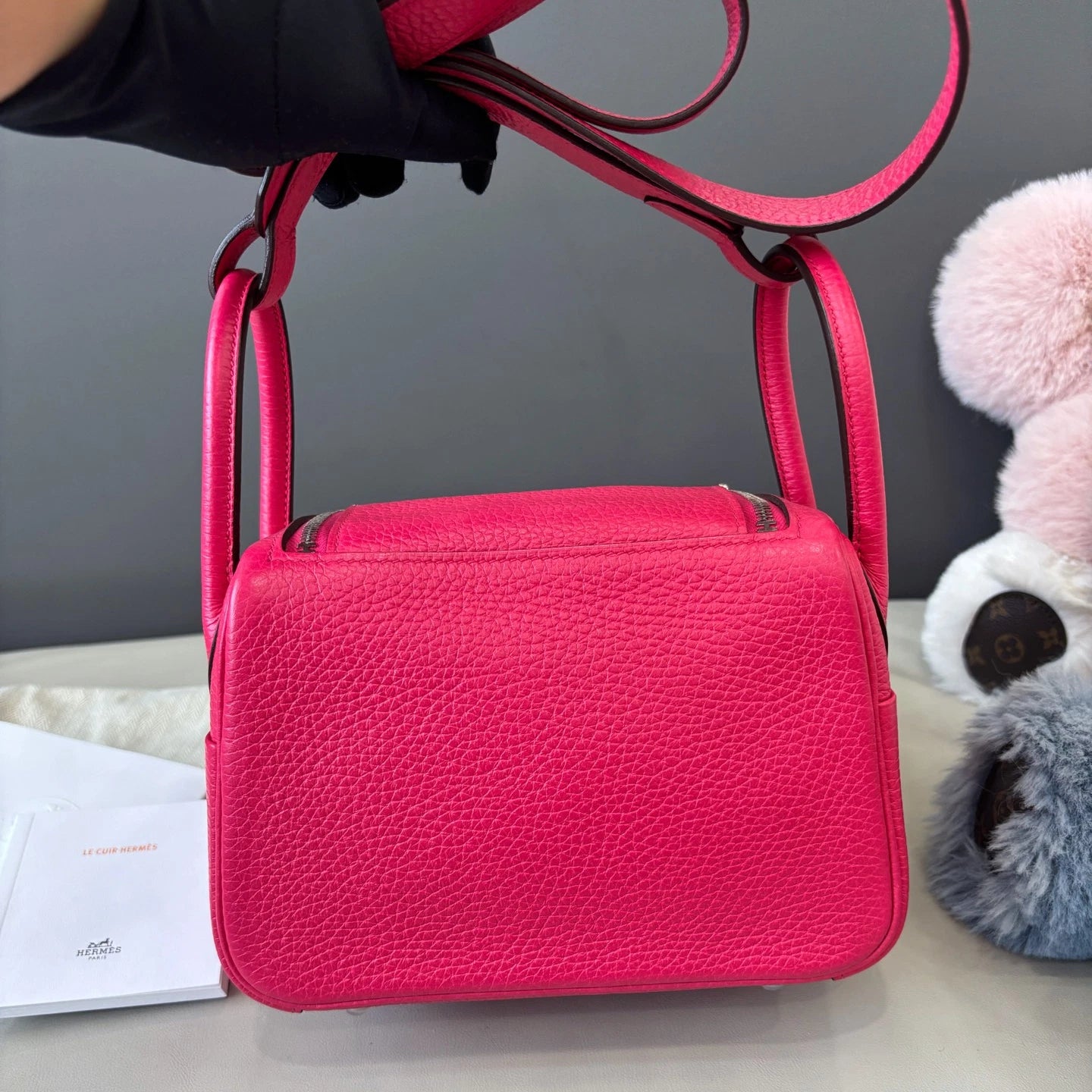 Hermes Lindy Mini TC Leather Top Handle Shoulder Bag Pink Silver Women Classic