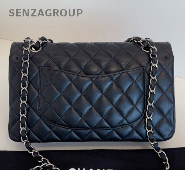 Chanel Classic Flap MM Lambskin Chain Shoulder Bag Crossbody Black Silver Women