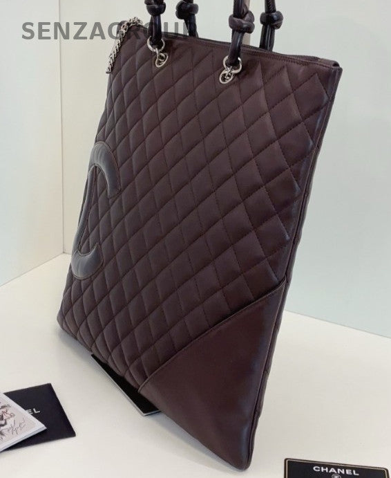 Chanel Cambon CC Logo Top Handle Bag Brown Red Silver Women Classic Diamond