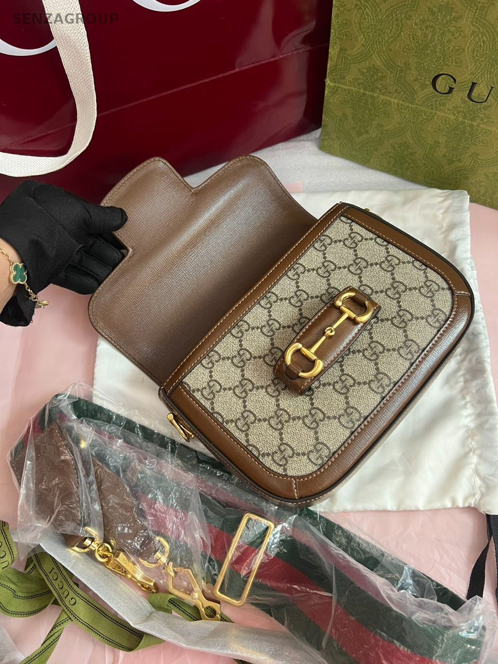 GUCCI 1955 Horse bit PM Monogram 2way Shoulder bag Canvas Brown Almost Brand NEW