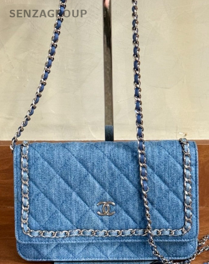 Chanel WOC Chain Shoulder Bag Crossbody Blue Silver Used Women Classic