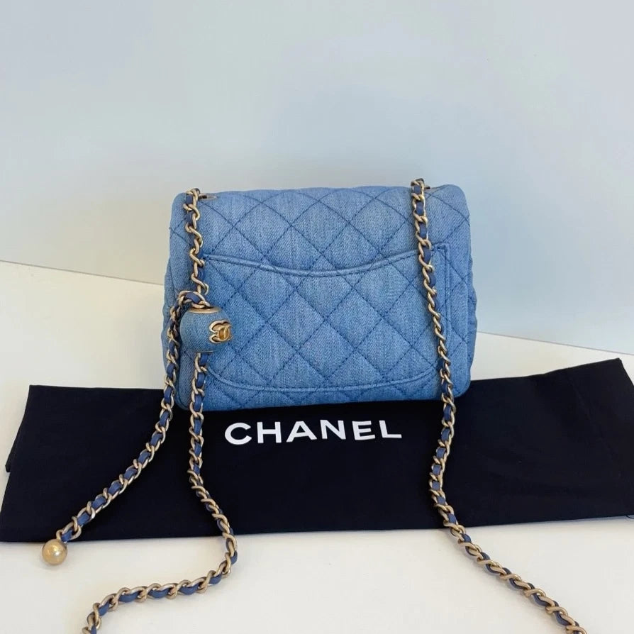Chanel Classic Flap Denim Chain Shoulder Bag Crossbody Blue Gold Women Fashion