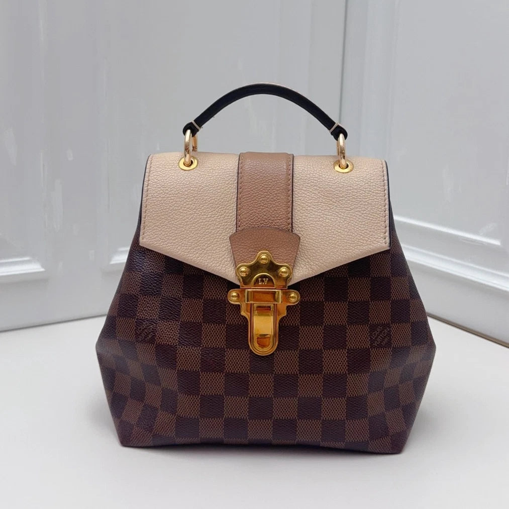 Louis Vuitton Clapton Damier Ebene Backpack Beige Brown Gold Women Classic