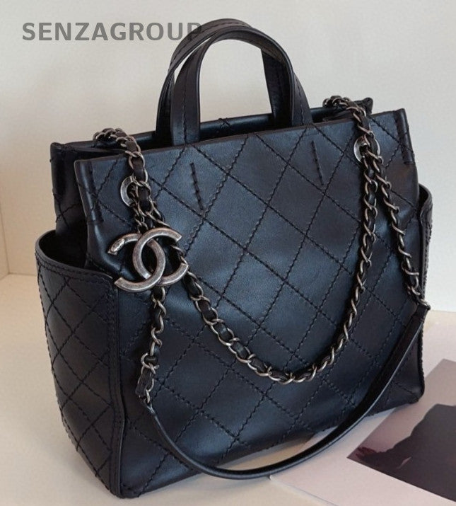 Chanel Diamond PM Tote Calfskin Top Handle Bag Chain Shoulder Bag Black Women