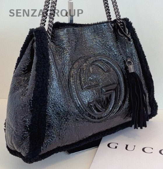Gucci Soho Tote Chain Lambskin Shoulder Bag Black Silver Women Classic Fashion