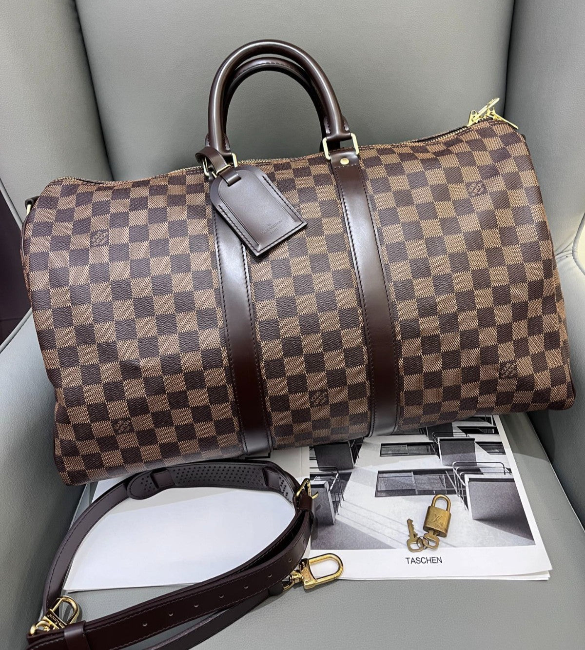 Louis Vuitton Keepall45 Damier Ebene Top Handle Shoulder Bag Brown Gold Unisex