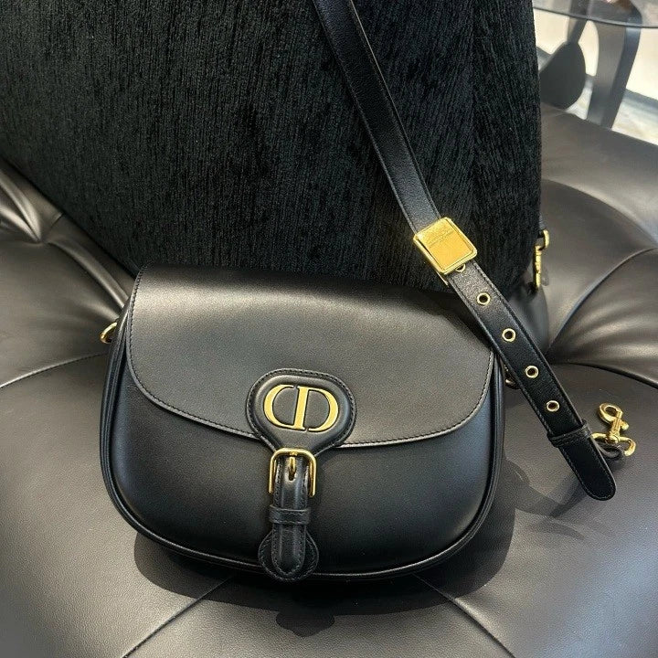 Christian Dior Bobby MM Calfskin Shoulder Bag Crossbody Black Gold Women D