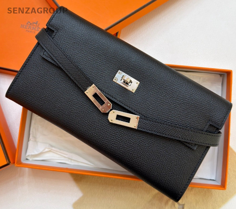 Hermes Kelly Wallet Clutch Black Silver Used Women Classic