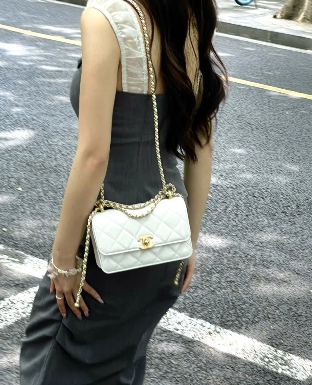 CHANEL White Leather Double Gold Ball Flap Shoulder Bag For Women