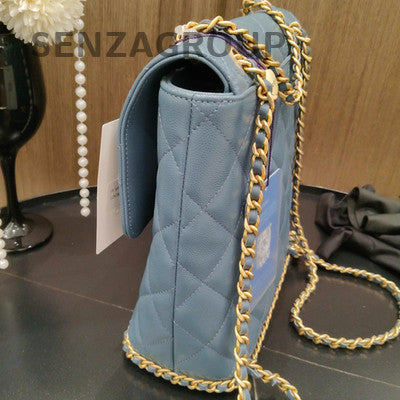 Chanel Blue Gold Camellia Quilted Chain Shoulder Backpack Classic Fashion