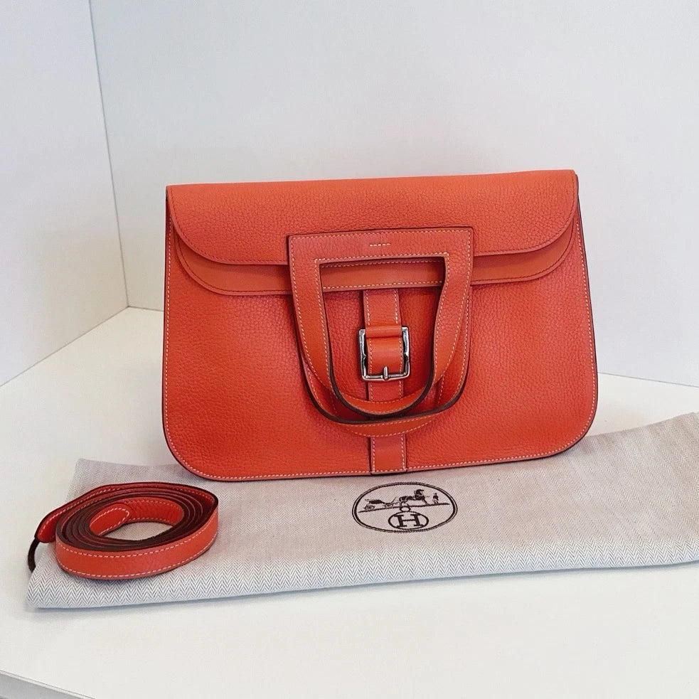 Hermes Halzan31 TC Leather Handbag Crossbody Orange Silver Hardware
