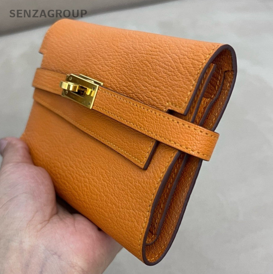 Hermes Kelly Long Wallet Lambskin Orange Gold Women