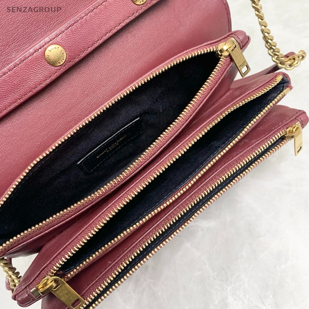YSL Saint Laurent Diamond pattern Logo Shoulder bag Crossbody Wine Red Women