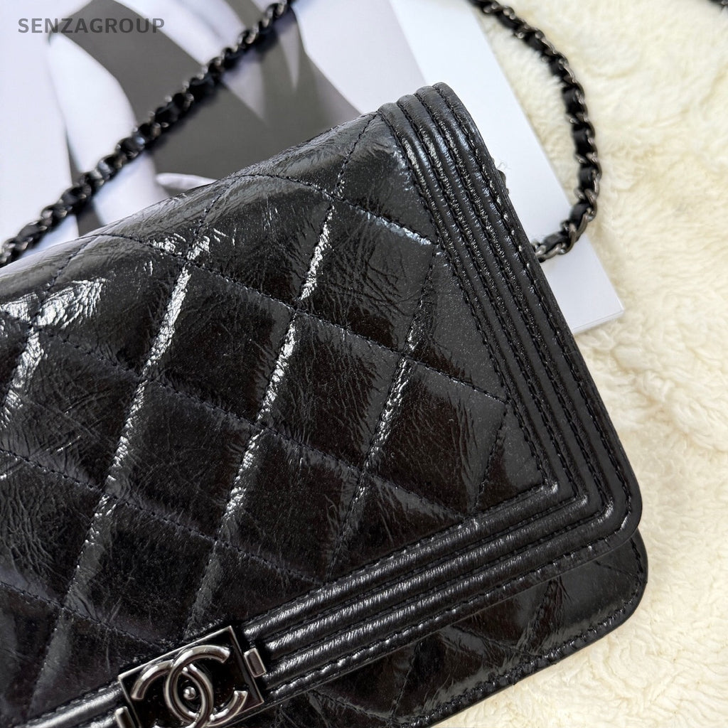 Chanel Le Boy WOC Black Silver Chain Shoulder Crossbody Bag Women Classic
