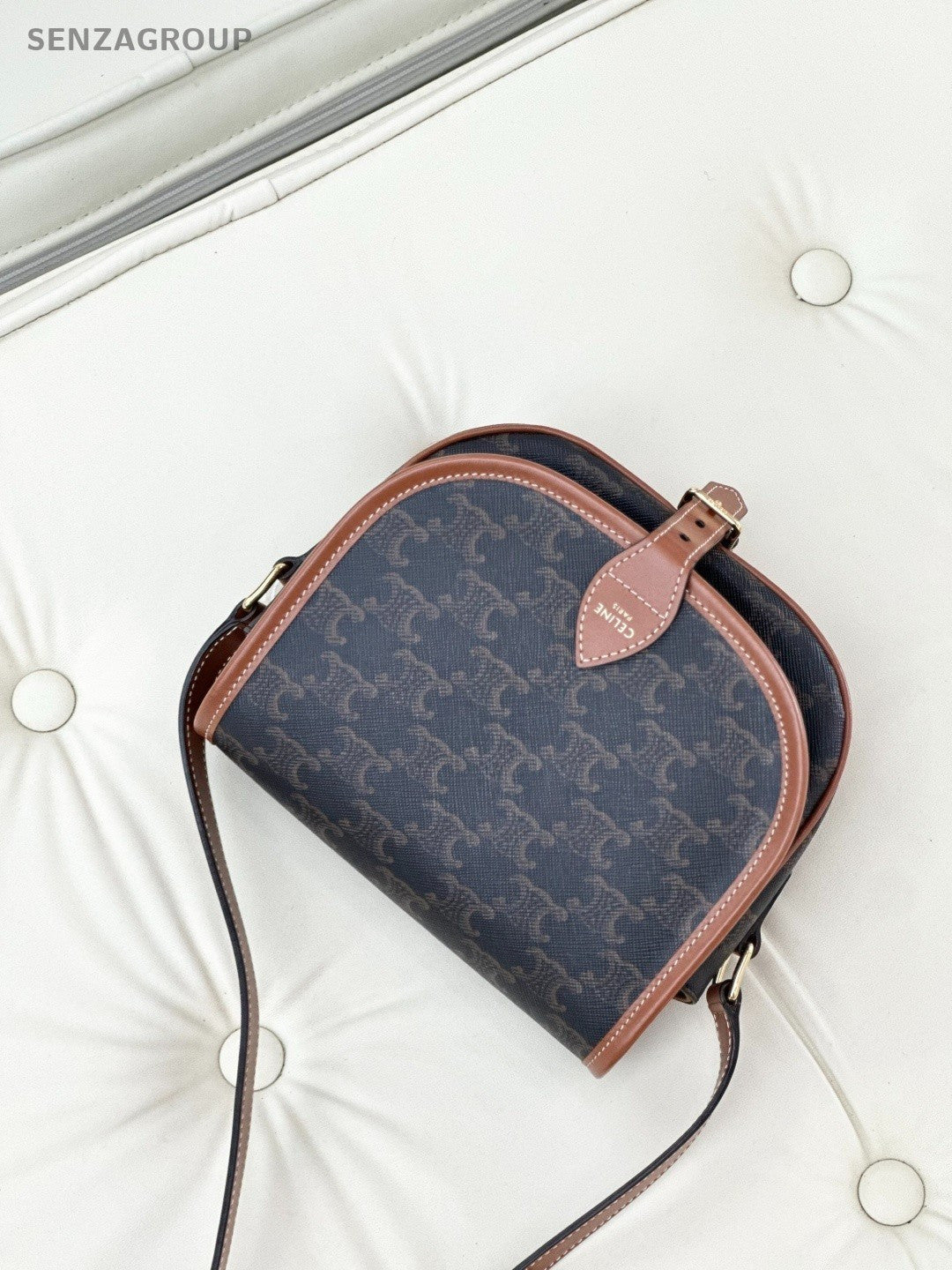 Celine Triomphe Canvas Calfskin Saddle Shoulder Bag Brown Almost Brand New