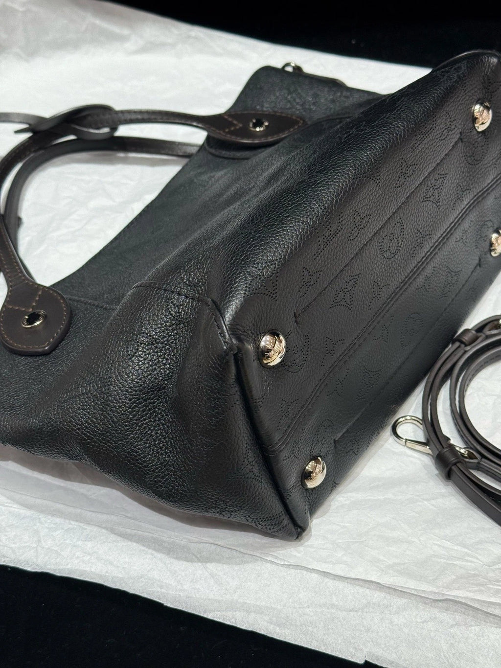 Louis Vuitton Hina Calfskin Top Handle Crossbody Black Silver Women Classic