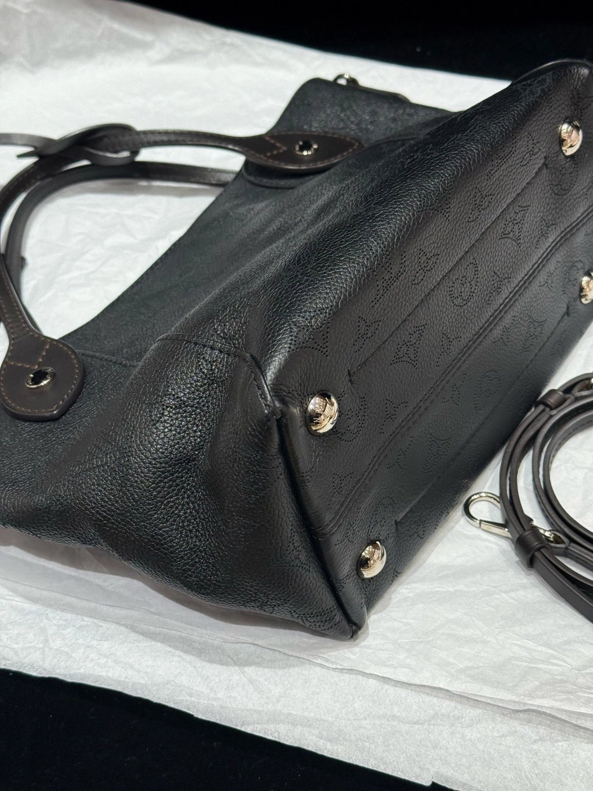 Louis Vuitton Hina Calfskin Top Handle Crossbody Black Silver Women Classic