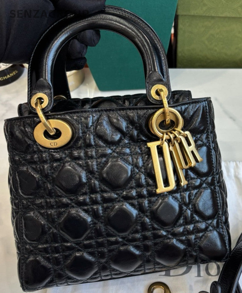 Christian Dior Lady Top Handle 2way Shoulder bag Women Black Gold