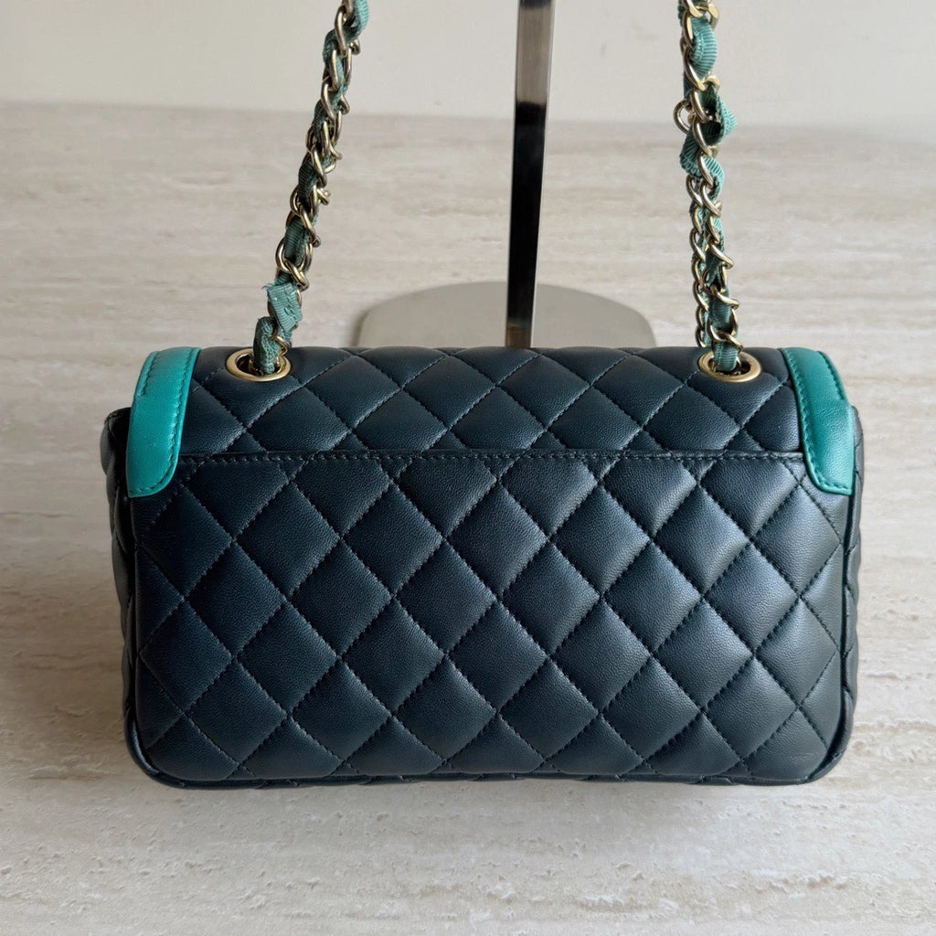 Chanel Classic Flap Lambskin Silver Chain Shoulder Bag Crossbody Navy Green