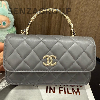 Chanel WOC Quilted Chain Shoulder Crossbody Bag Grey Gold