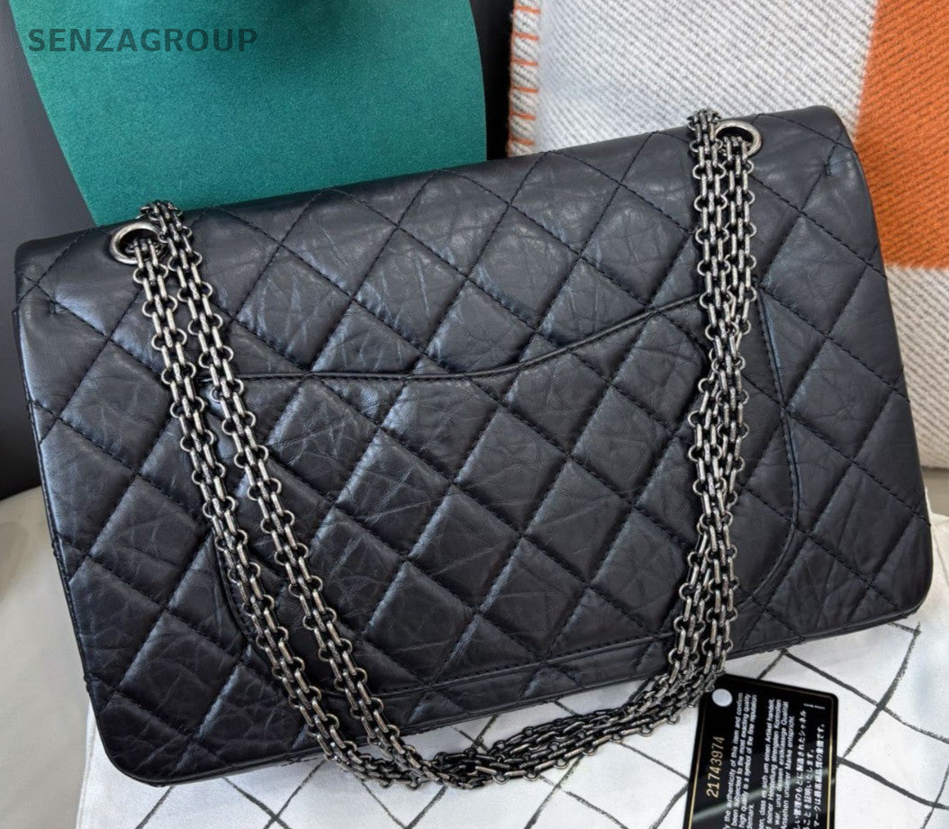Chanel 2.55 GM Chain Shoulder Bag Black Silver Women Classic Diamond