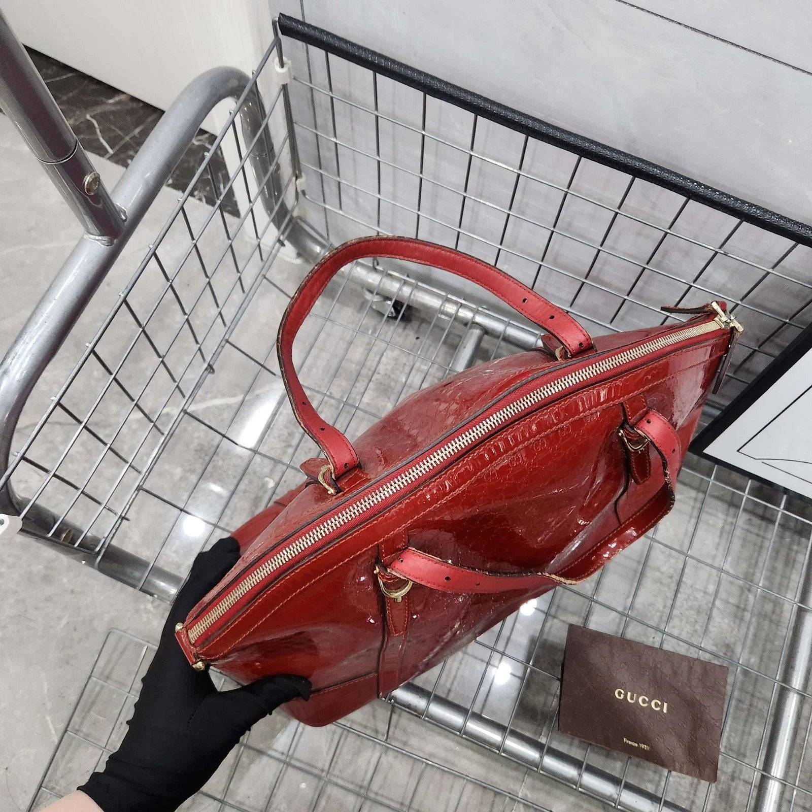 Gucci Red Patent Monogram Shell Handbag For Women