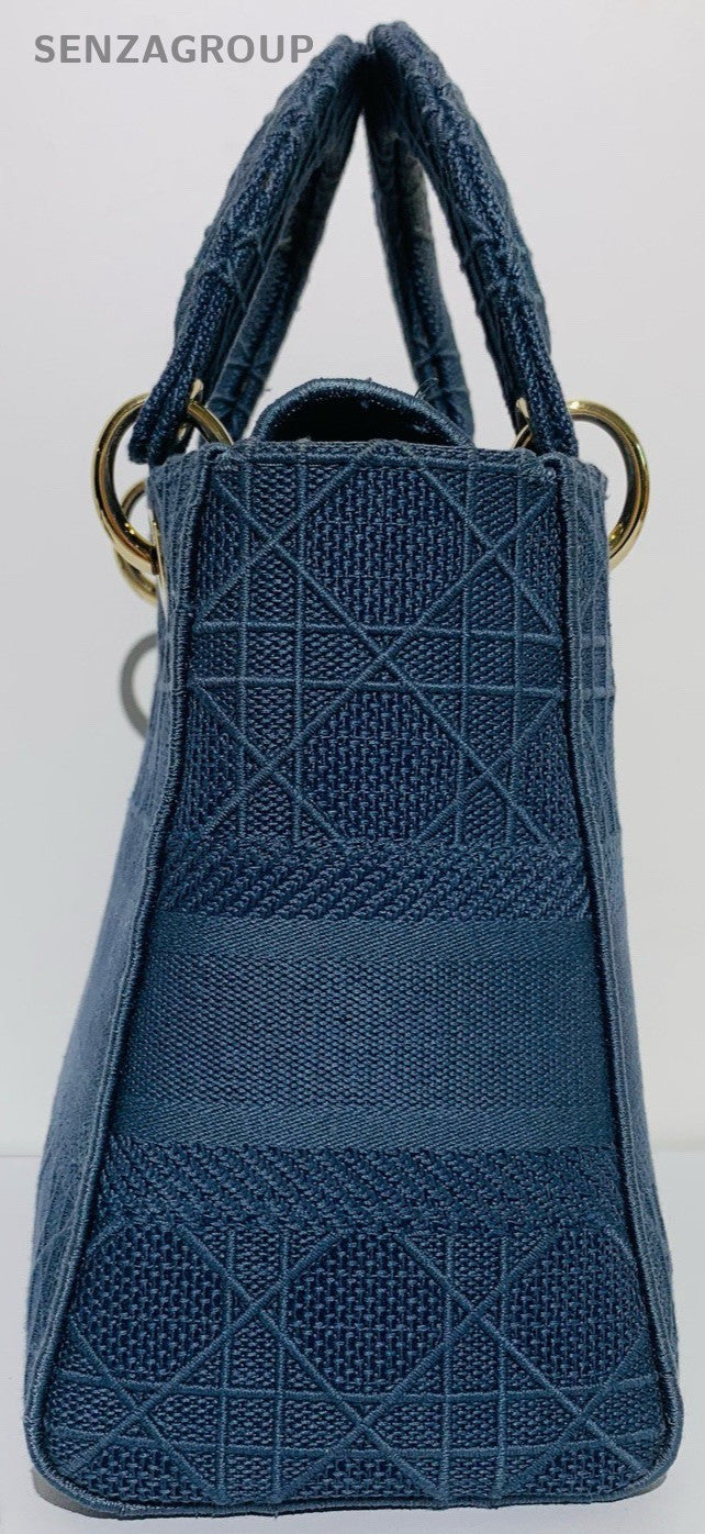 Christian Dior Lady Dior Top Handle Bag Blue Gold Used Women Classic Designer