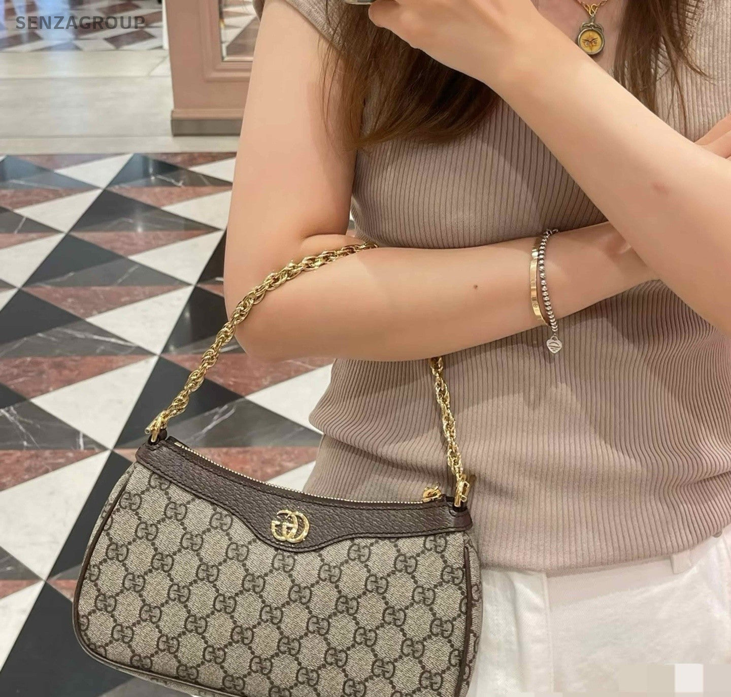 Gucci Ophidia GG Canvas Top Handle Shoulder Crossbody Bag Brown Women