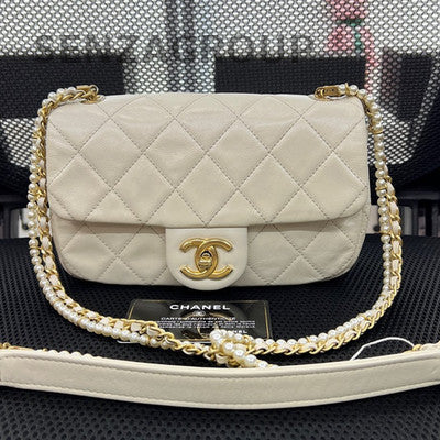 Chanel Classic Flap Mini Square Bag White Gold Chain Shoulder Crossbody