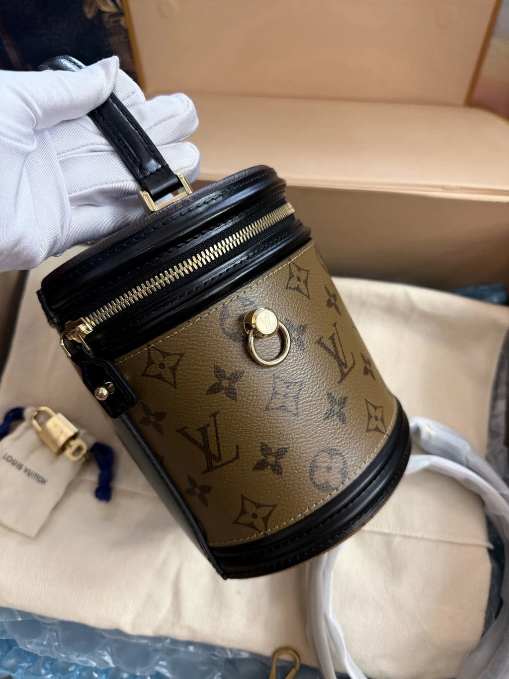 Louis Vuitton Cannes Monogram Top Handle Crossbody Brown Gold Women Classic