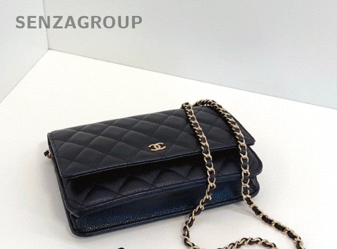 Chanel WOC Chain Shoulder Bag Crossbody Black Gold Used Women Classic Diamond