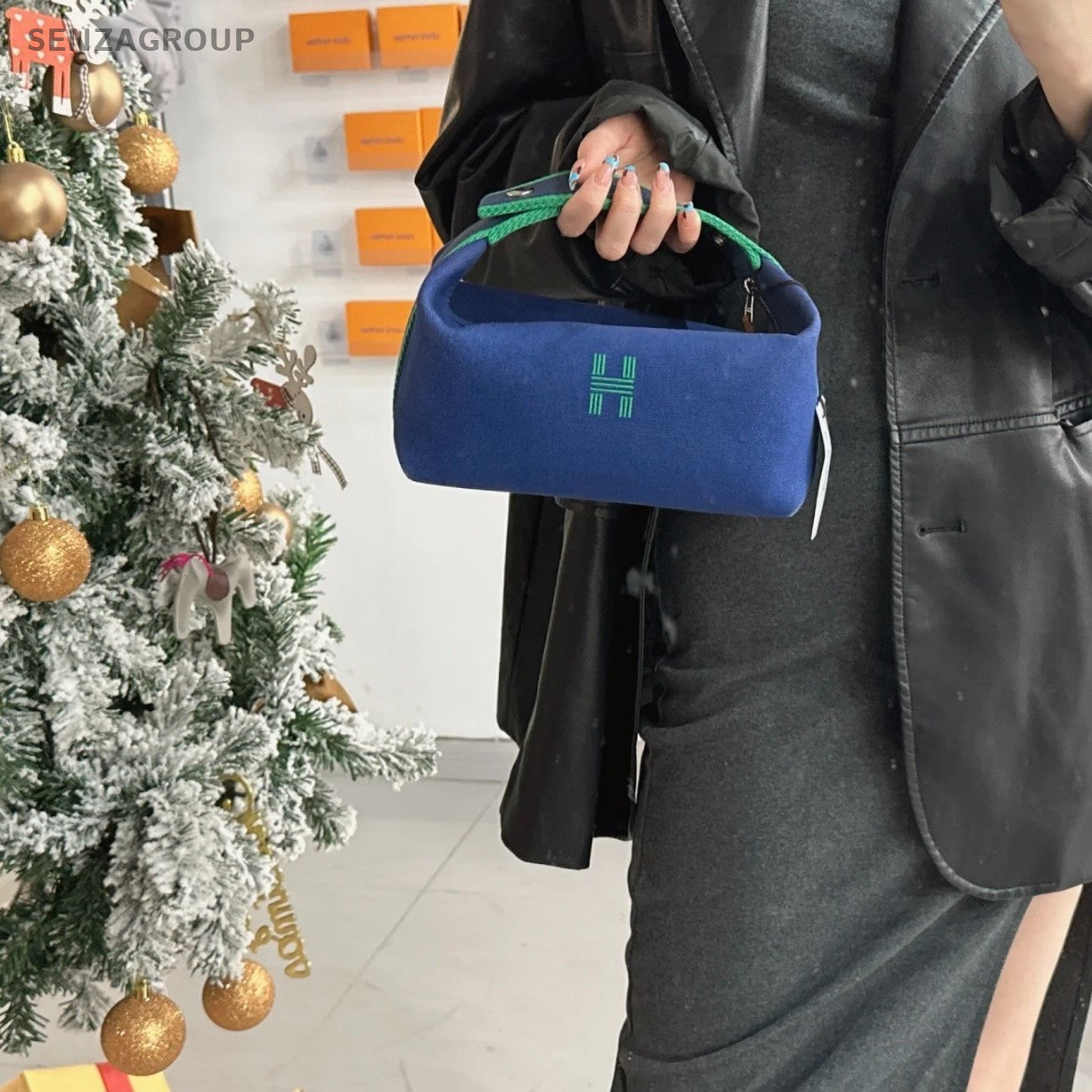 Hermes Bride A Brac Canvas Handbag Blue Women Almost Brand NEW
