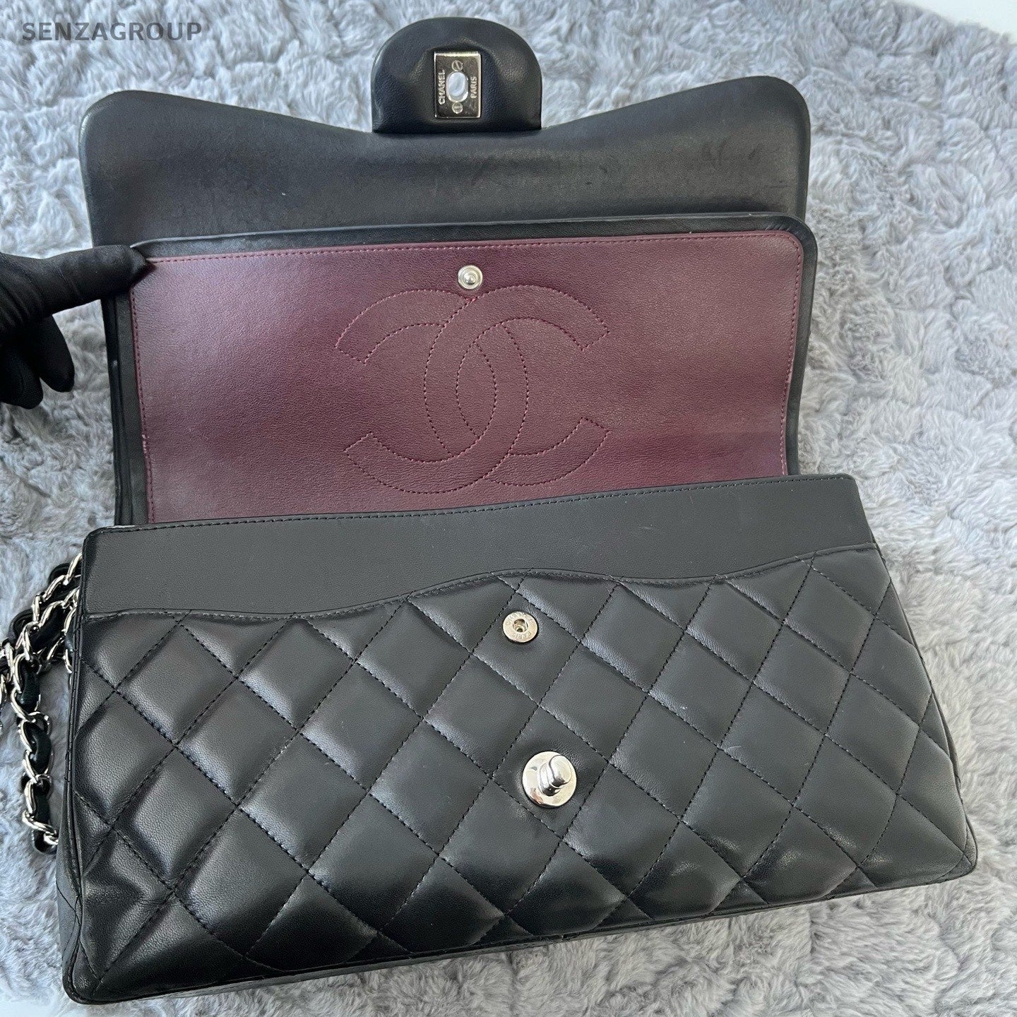 Chanel Classic Flap Jumbo Lambskin Chain Shoulder Bag Black Silver Women Fashion