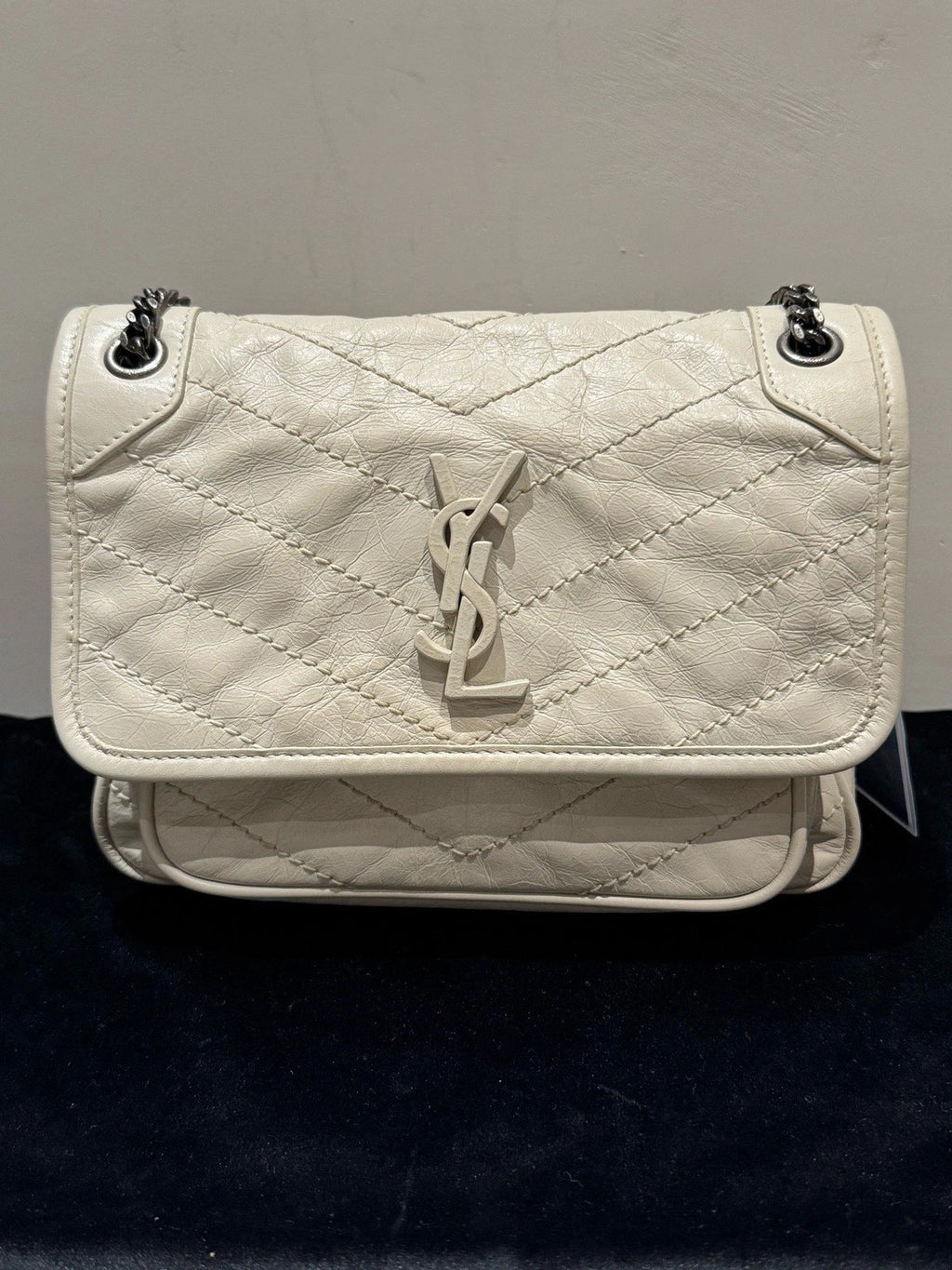 Saint Laurent Niki PM Chain Shoulder Bag White Silver Used Women Classic