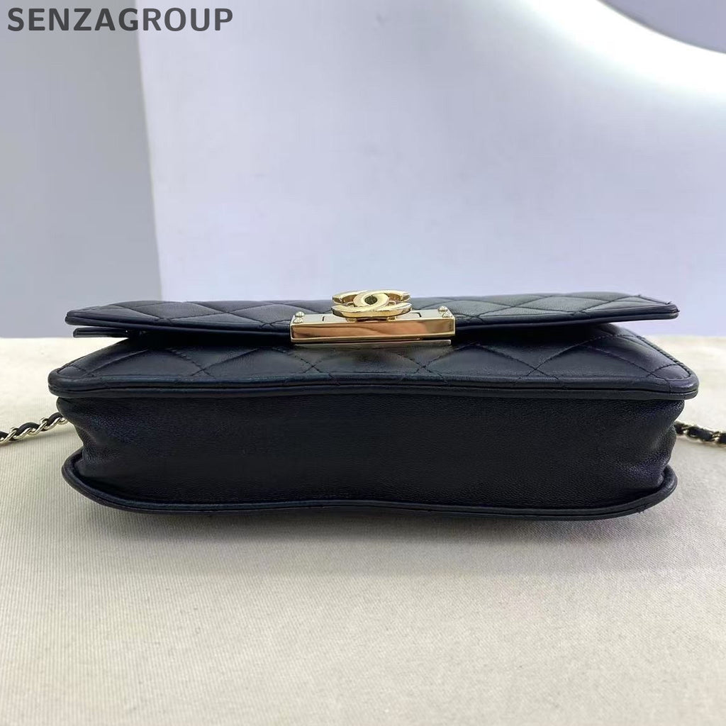 Chanel Black Lambskin Gold CC Logo WOC Chain Shoulder Crossbody Bag