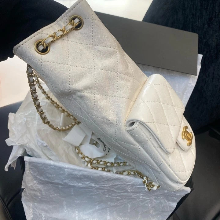 Chanel Diamond Lambskin Chain Drawstring Backpack White Gold Women Classic D