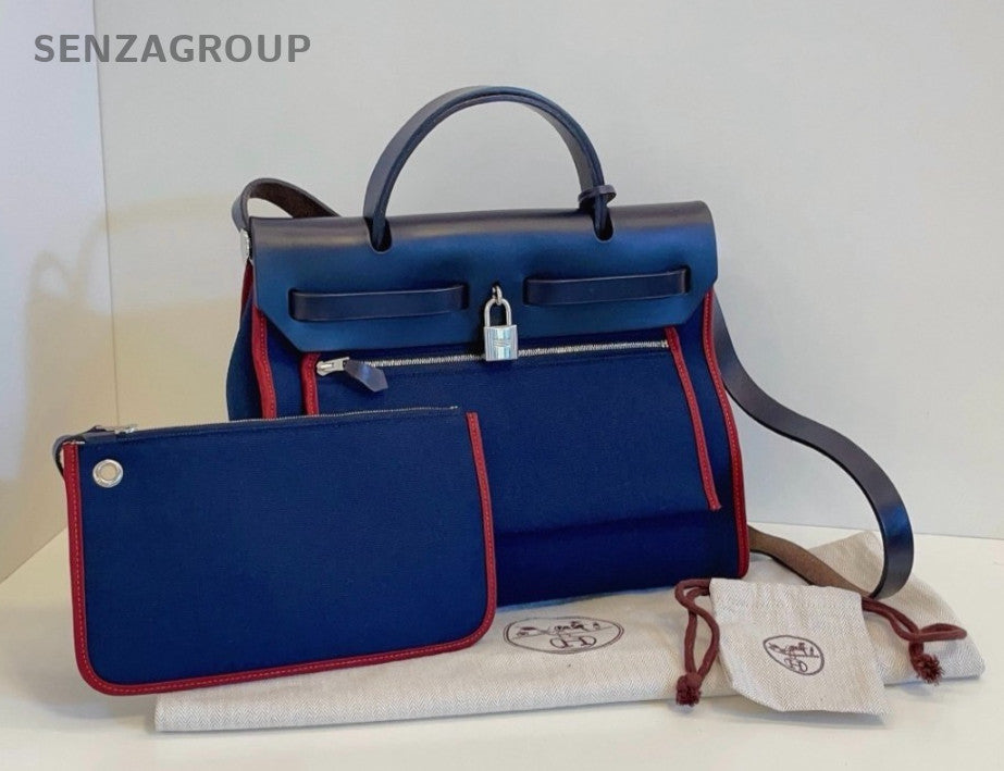Hermes Herbag31 Top Handle Canvas Iris blue 2way Shoulder Handbag Women Classic