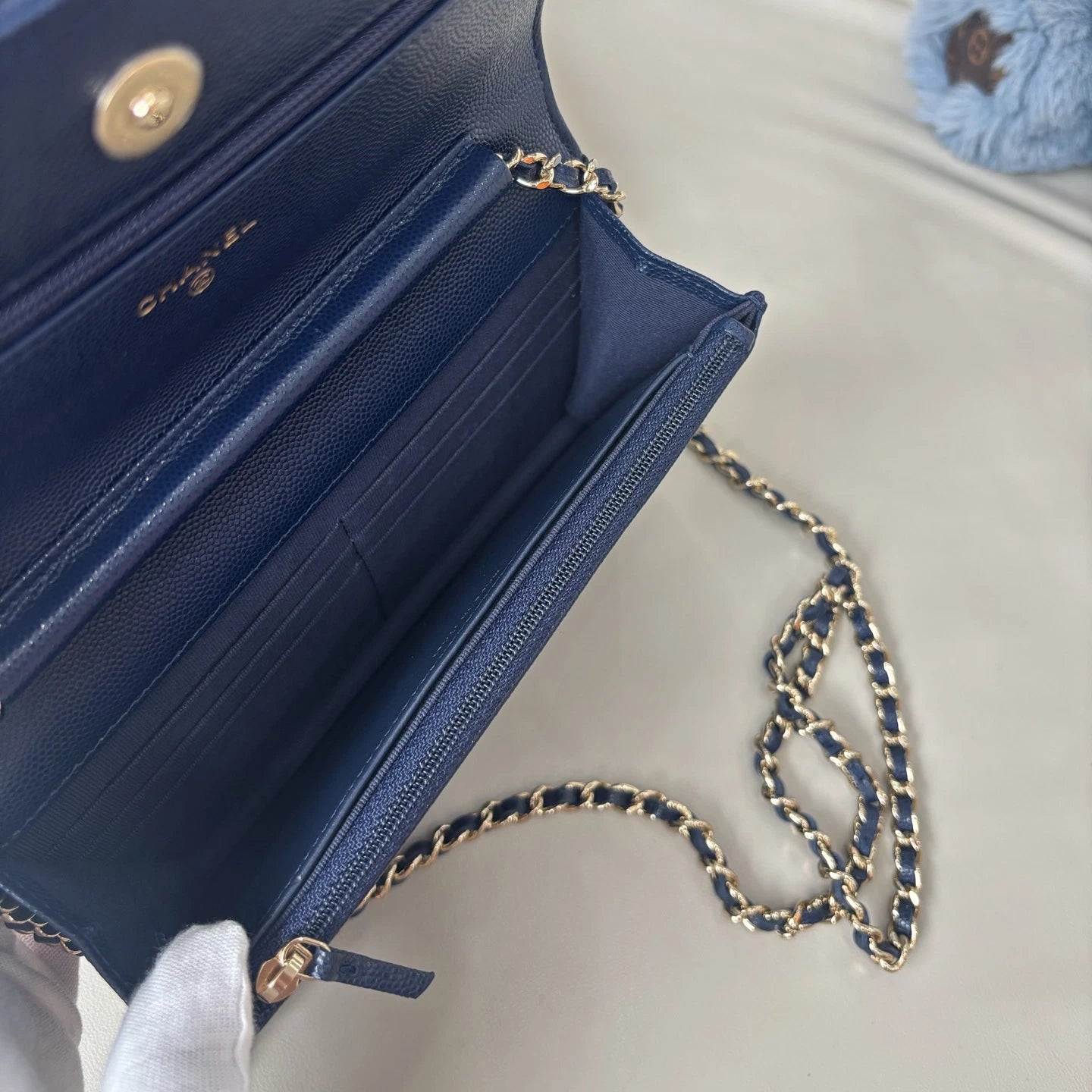 Excellent Chanel WOC Calfskin Blue Shoulder Bag Crossbody Gold Hardware Diamond