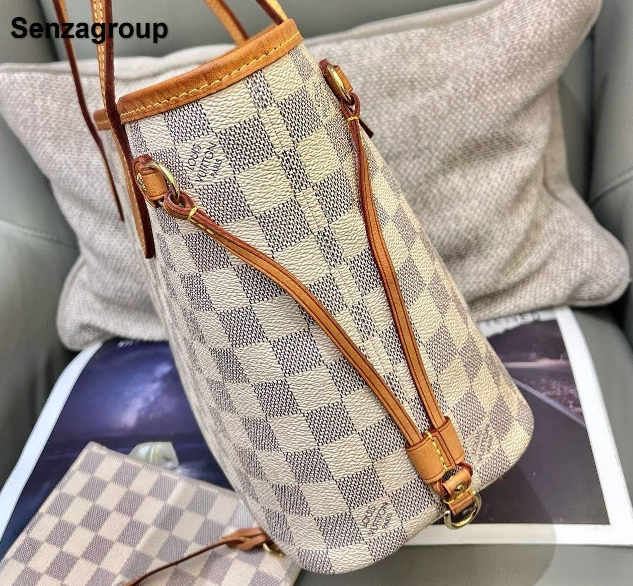 Louis Vuitton Neverfull PM Damier Ebene Shoulder Bag White Gold Women Classic