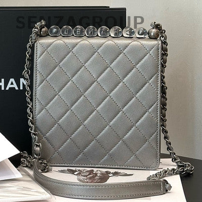 Chanel Grey Quilted Bag with Silver Pearl Chain Strap