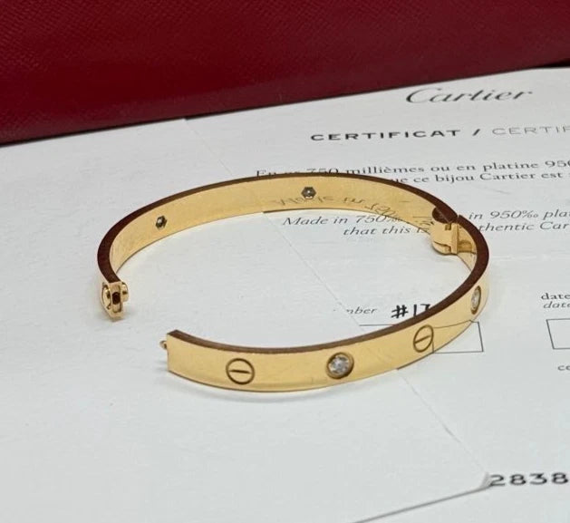 Cartier Love Classic Bangle Bracelet 18k Yellow Gold 4Diamonds Single Screw