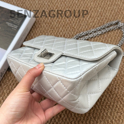 Chanel 2.55 Mini Lambskin Silver Quilted Chain Crossbody Bag