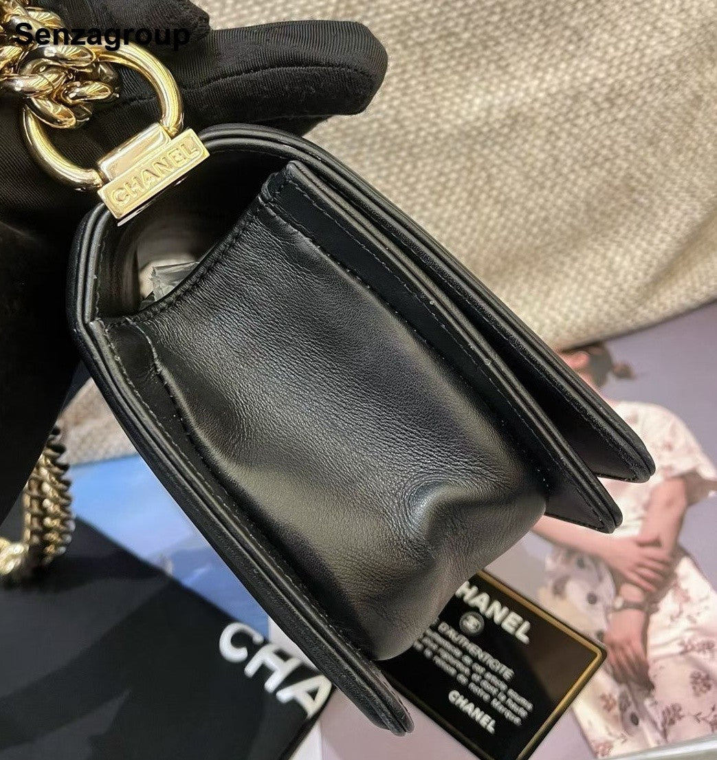Chanel Leboy PM Chain Calfskin Shoulder Bag Crossbody Black Gold Women Classic
