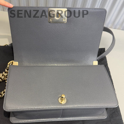 Chanel Le Boy Medium Grey Gold Hardware Calfskin Chain Shoulder Bag