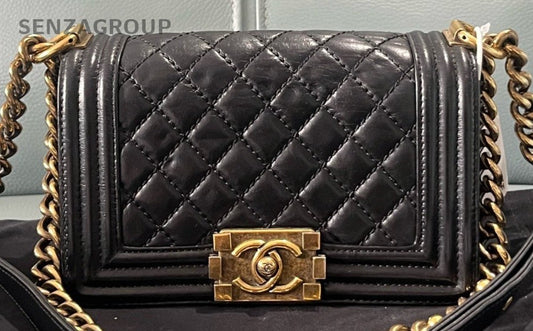Chanel Calfskin Chain Shoulder Bag Crossbody Black Gold Used Women Classic
